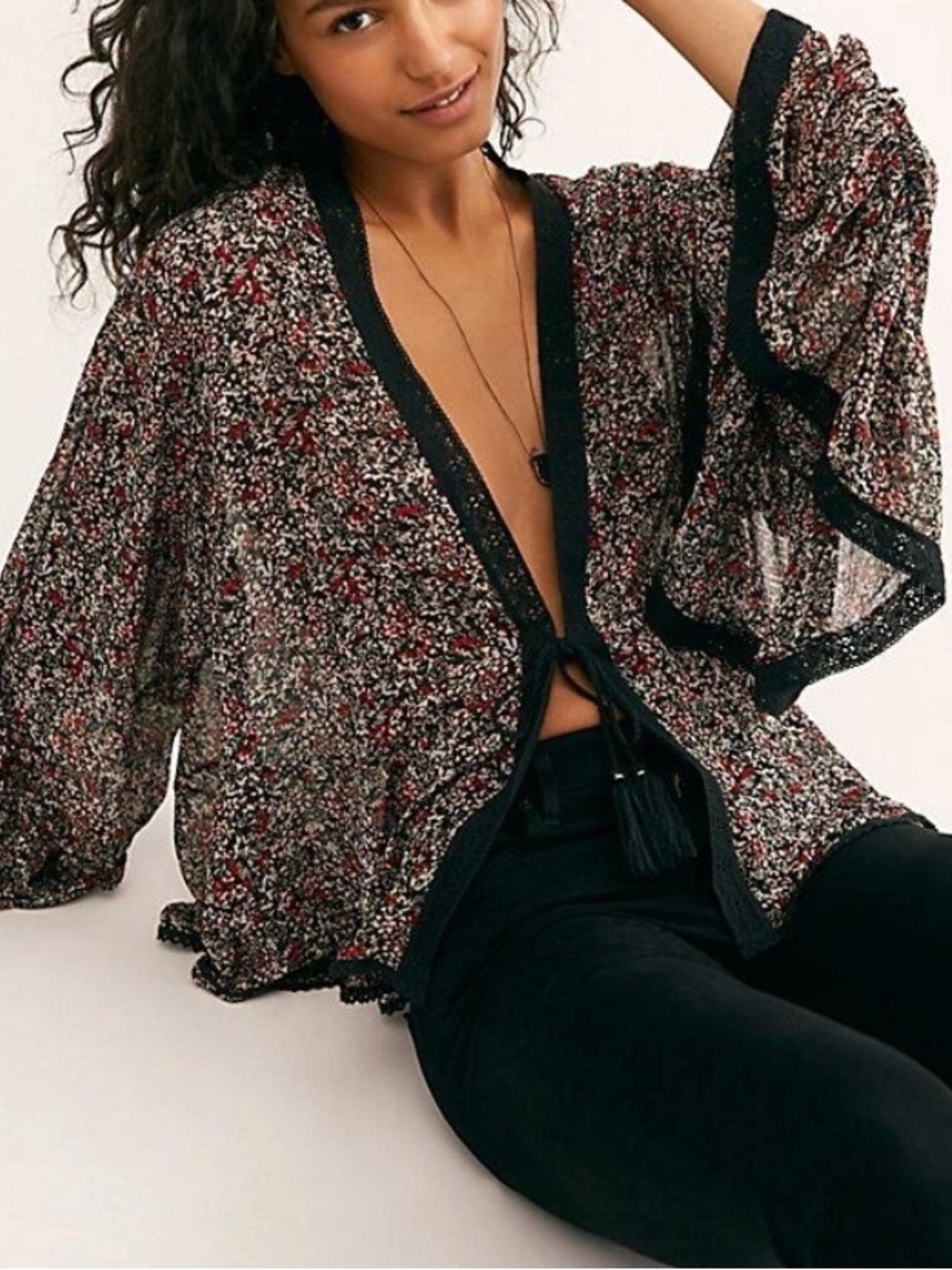 Free People Lola Kimono Black Combo Floral Bell Sleeve Western Desert boho small